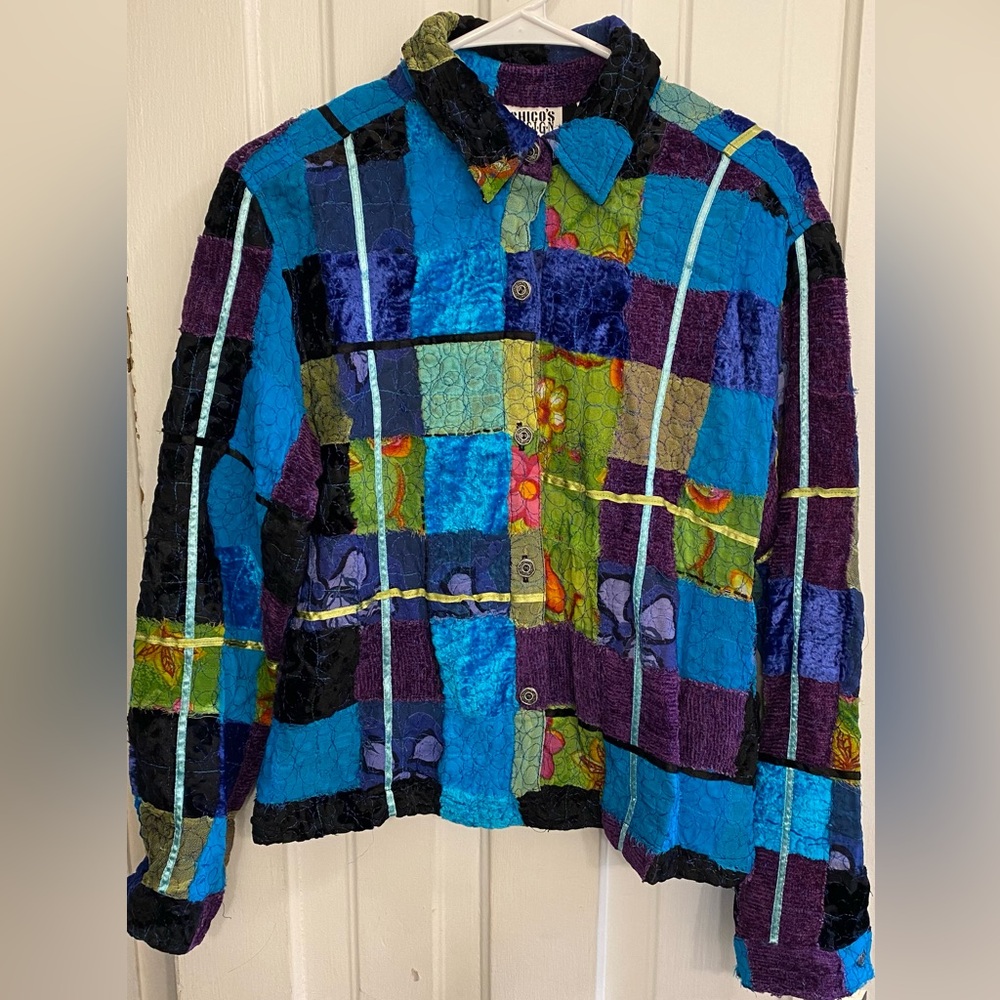 Vintage Chico’s Design Patchwork Jacket Colorful Boho Style Size 1